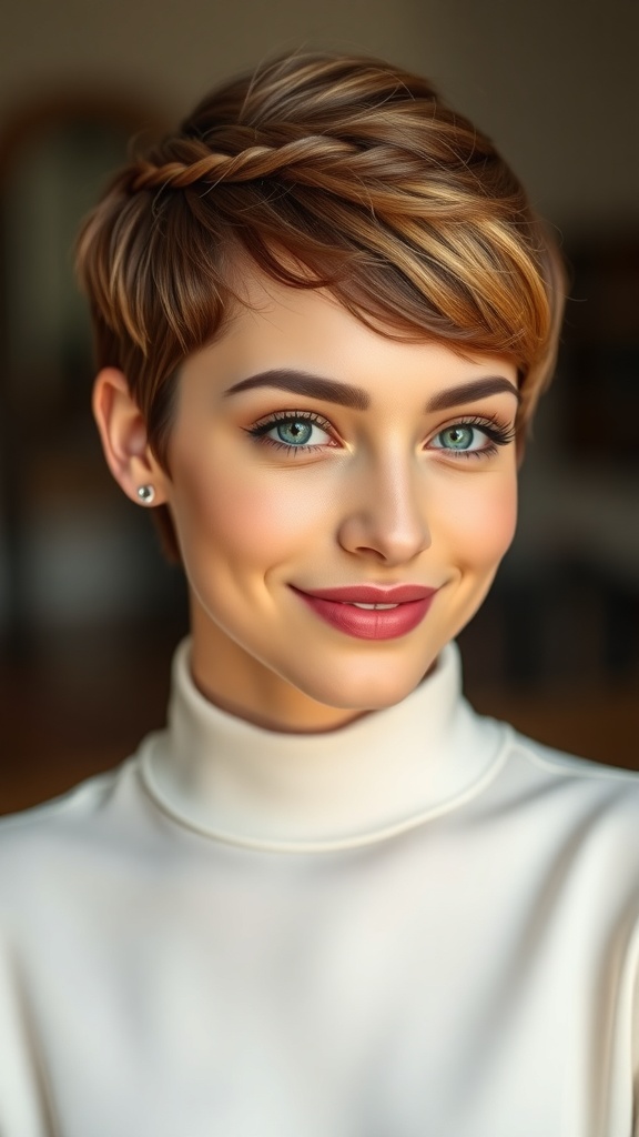 A woman with a short pixie haircut featuring a braided detail, smiling and looking stylish.