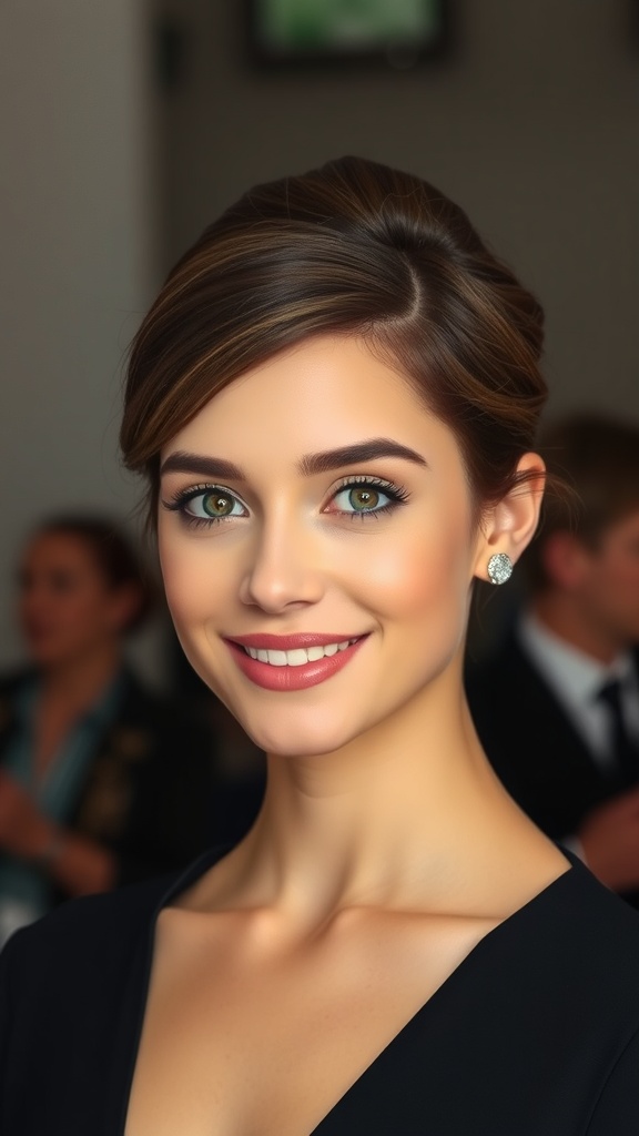 A polished updo hairstyle for short hair, adorned with a decorative clip, showcasing elegance and playfulness.