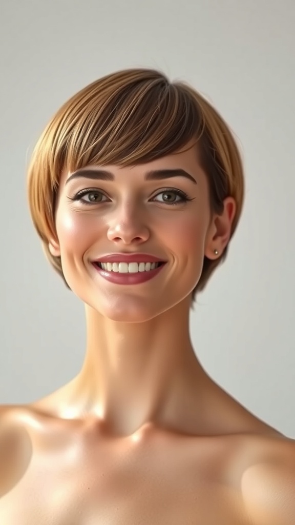 A woman with a rounded bob hairstyle featuring blunt edges and a warm brown color, smiling confidently.