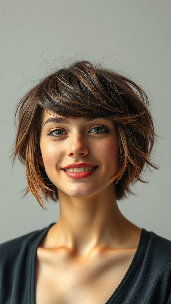 A woman with a shaggy bob hairstyle featuring wispy bangs and a warm brown color, smiling at the camera.