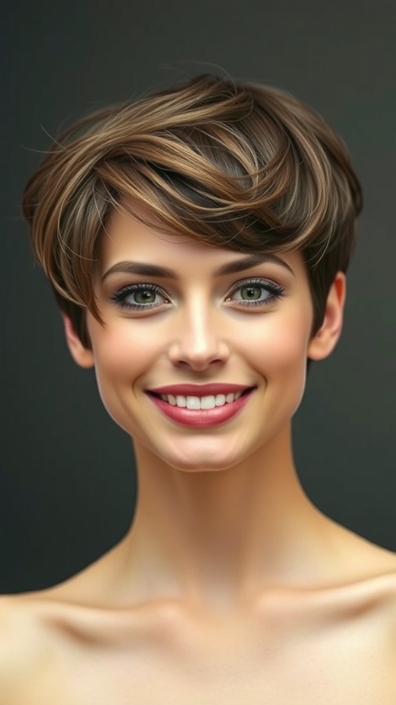 A woman with short hair styled in soft waves, smiling at the camera.