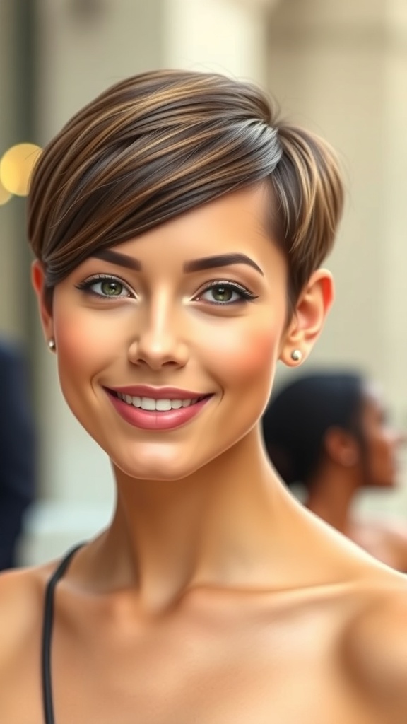 A woman with a sleek pixie haircut, showcasing shine and elegance.
