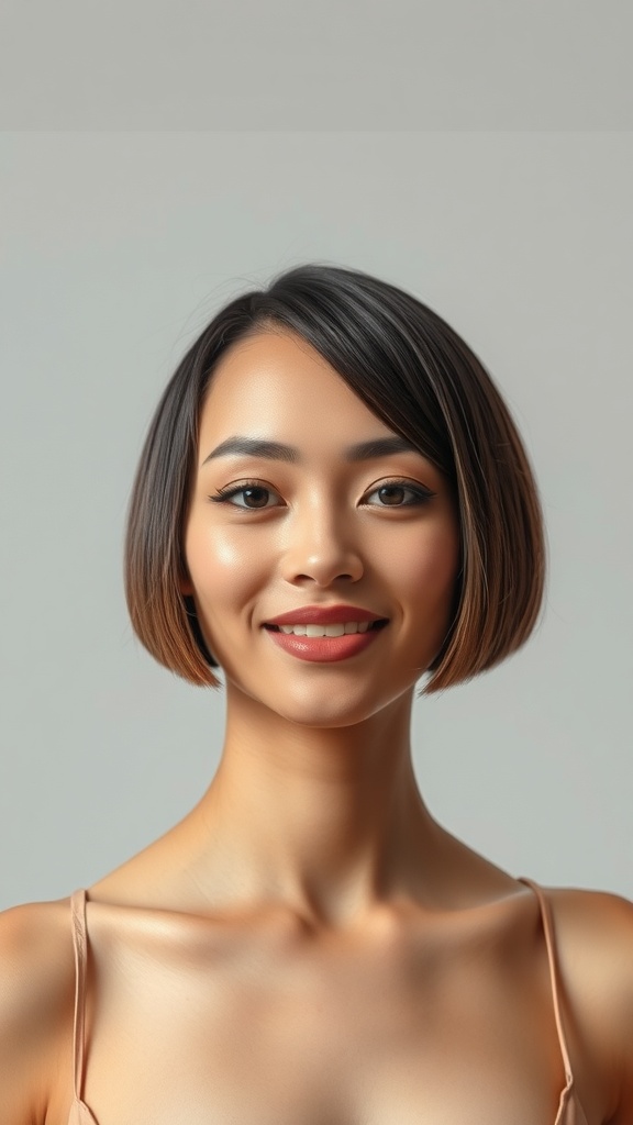 A woman with a sleek straight bob hairstyle, featuring a warm brown color and a bright smile.