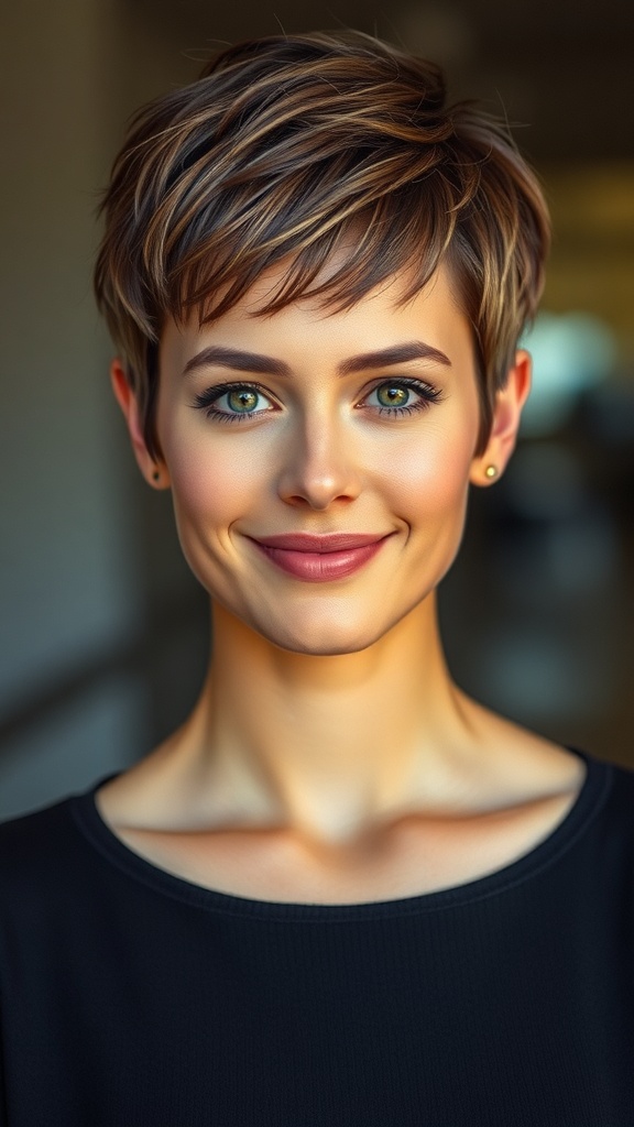 A woman with a textured pixie cut, smiling confidently.
