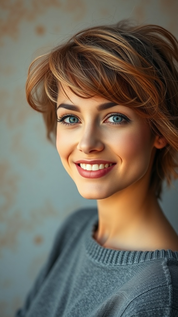 A woman with a tousled lob hairstyle, featuring brown color and soft waves, smiling at the camera.