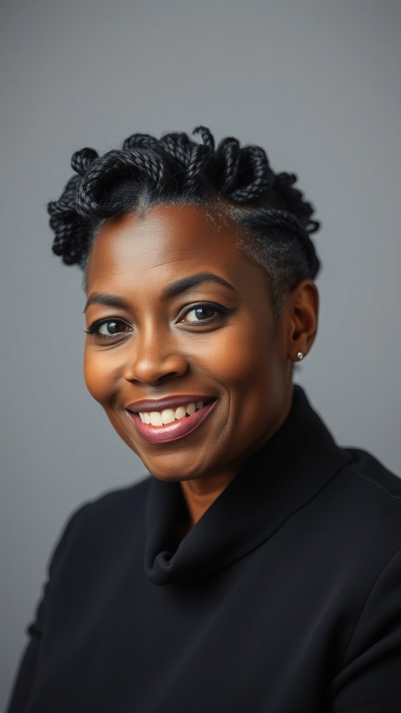 A woman with short twist out hairstyle showcasing defined coils.
