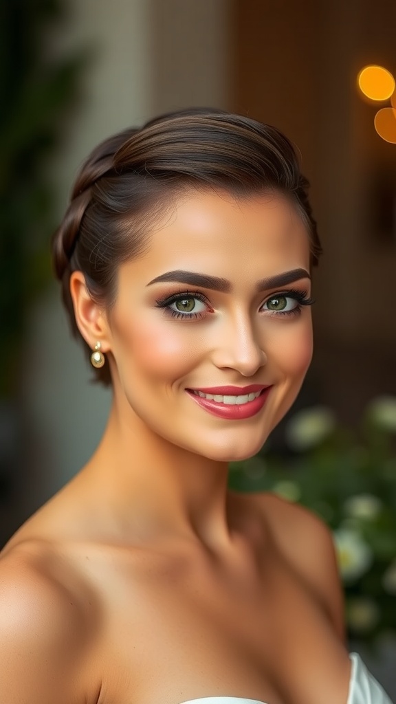 A woman with a braided updo hairstyle, smiling elegantly, suitable for a wedding guest.