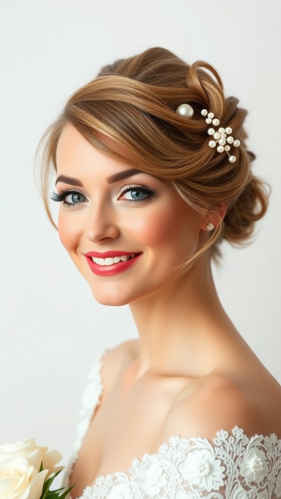 A bride with a short hair updo decorated with pearl pins, smiling and holding a bouquet.