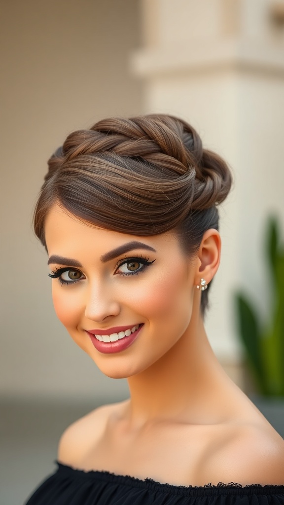 A woman with a braided crown updo hairstyle, smiling.