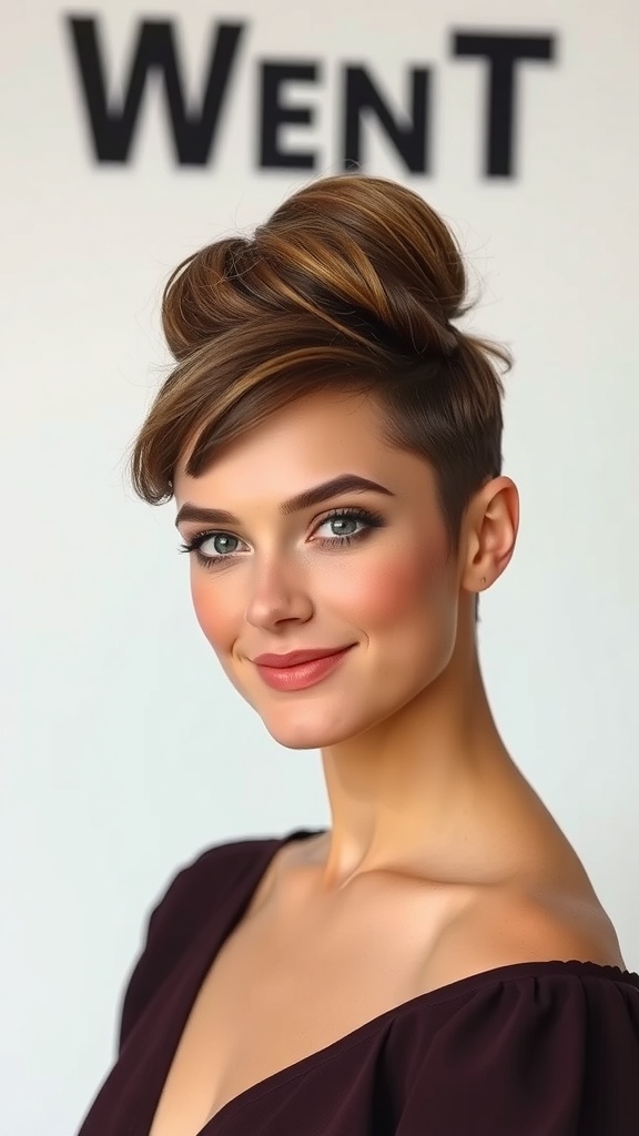 A stylish faux bun updo on short hair, showcasing elegance and simplicity.
