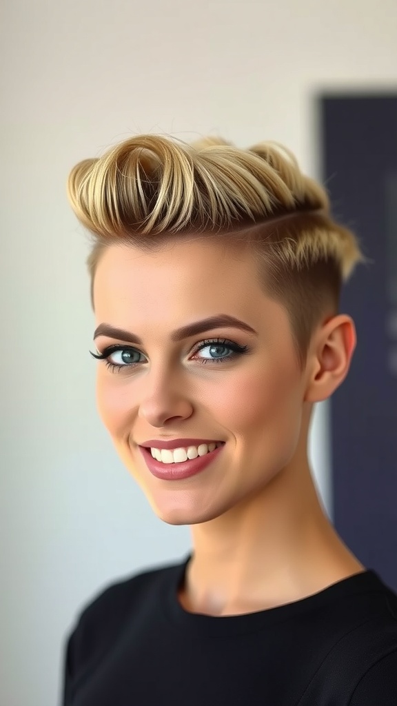 A stylish faux hawk roll updo on short hair.