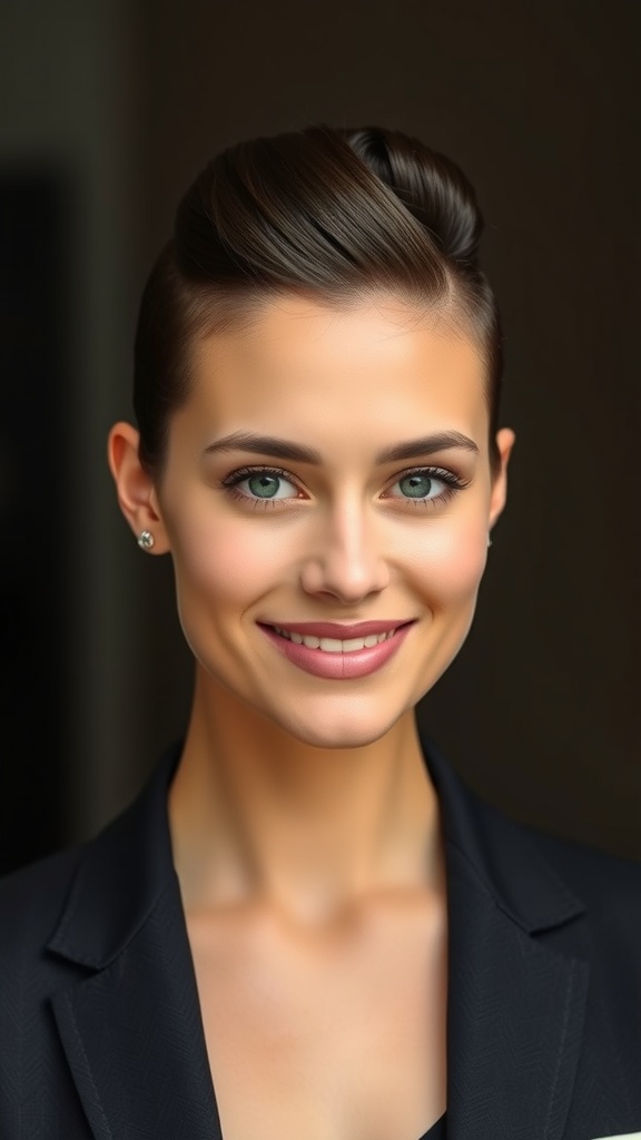 A woman showcasing a stylish French roll twist updo on short hair.