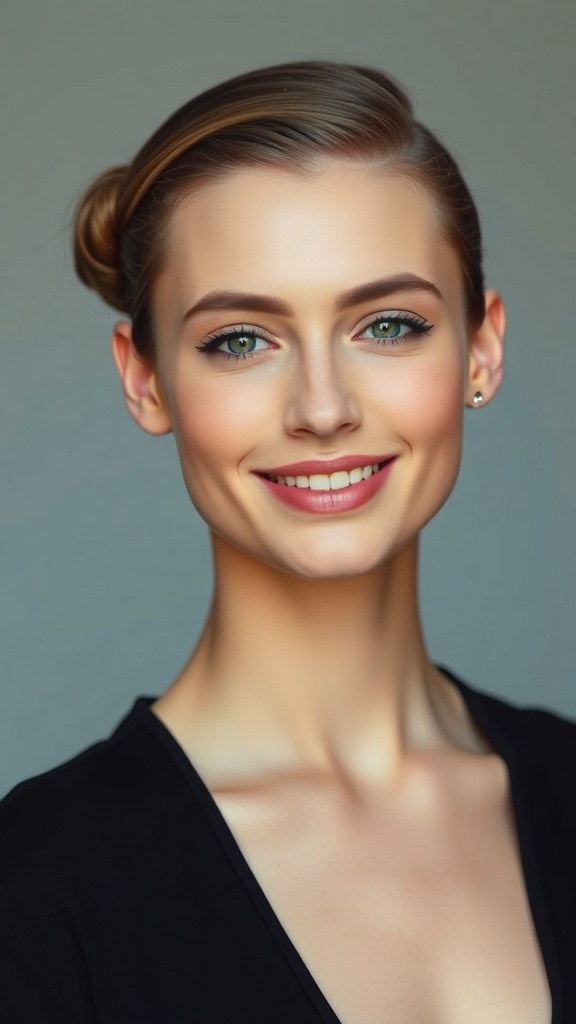 A woman with a low nape roll hairstyle, showcasing a simple and elegant updo.