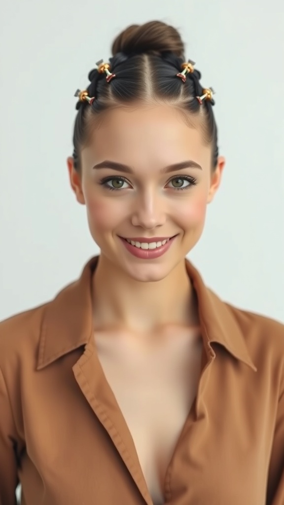 A woman with a short hair updo featuring mini braids and decorative pins.