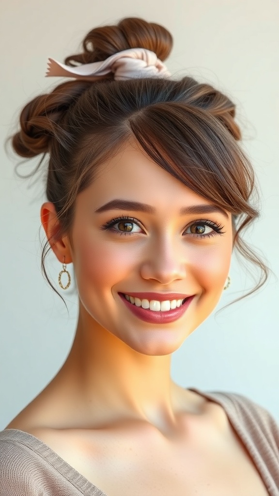A woman with a short hair updo featuring a ribbon tie, smiling at the camera.