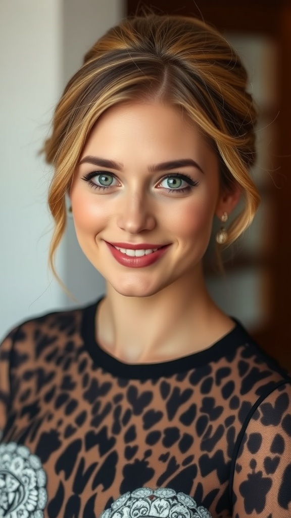 A woman with a romantic short hair updo, featuring soft curls and highlights, smiling in a stylish outfit.