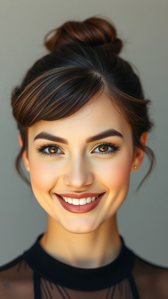 A woman with a short hair updo featuring side swept bangs, smiling confidently.