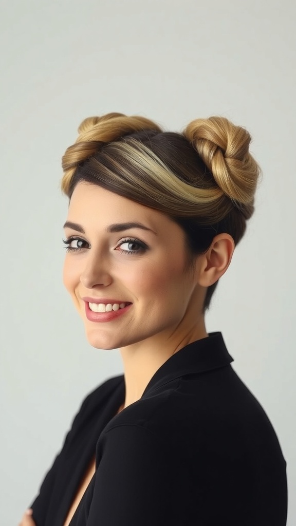 A woman with a split crown twist hairstyle, featuring two twisted buns on the top of her head.