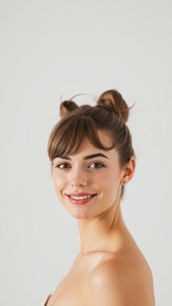 A woman with a tousled bun and side fringe, smiling at the camera.