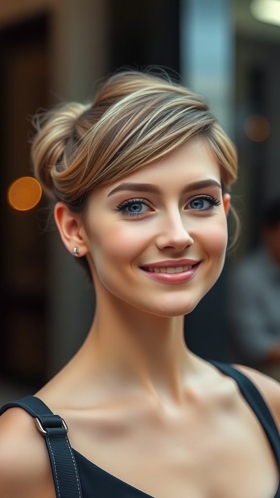 A woman with a stylish short hair updo featuring twisted knots.