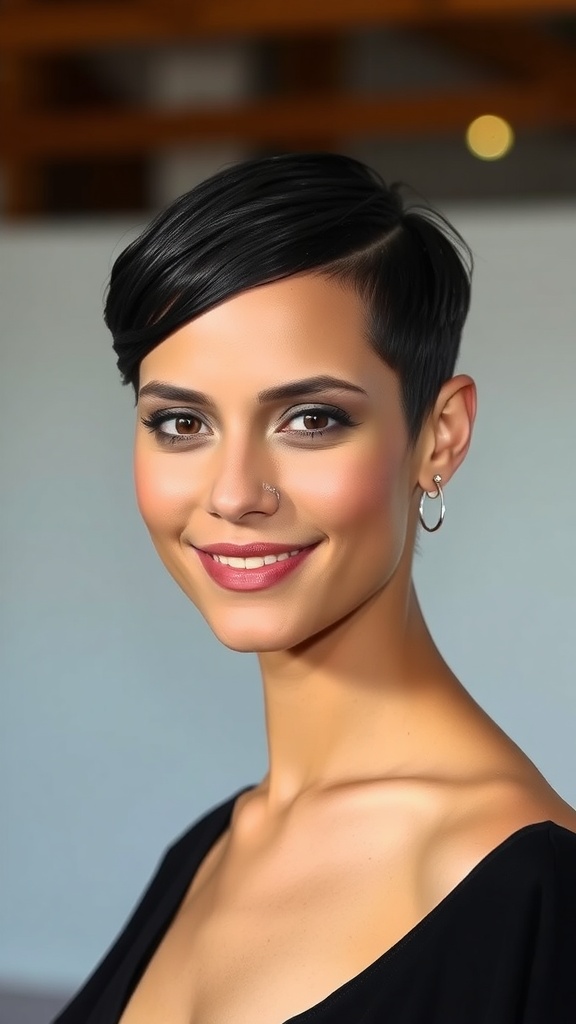 Short hair updo with wet look texture, showcasing a stylish and elegant appearance.