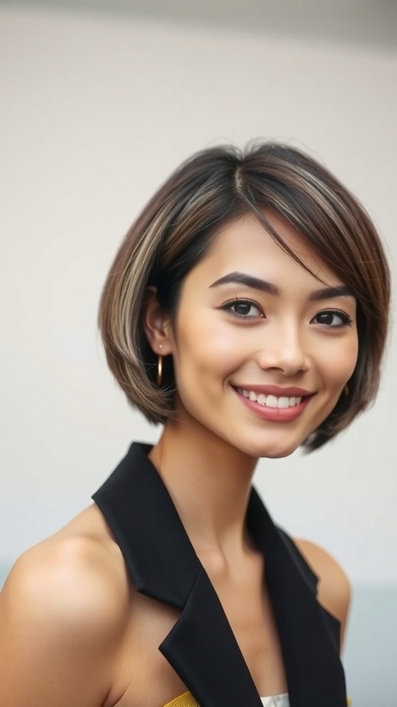 A woman with a stylish short bob hairstyle, featuring soft waves and highlights, smiling confidently.