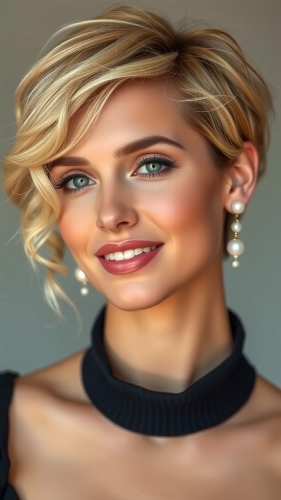 A woman with short wavy hair styled with pearl pins, smiling and looking elegant.