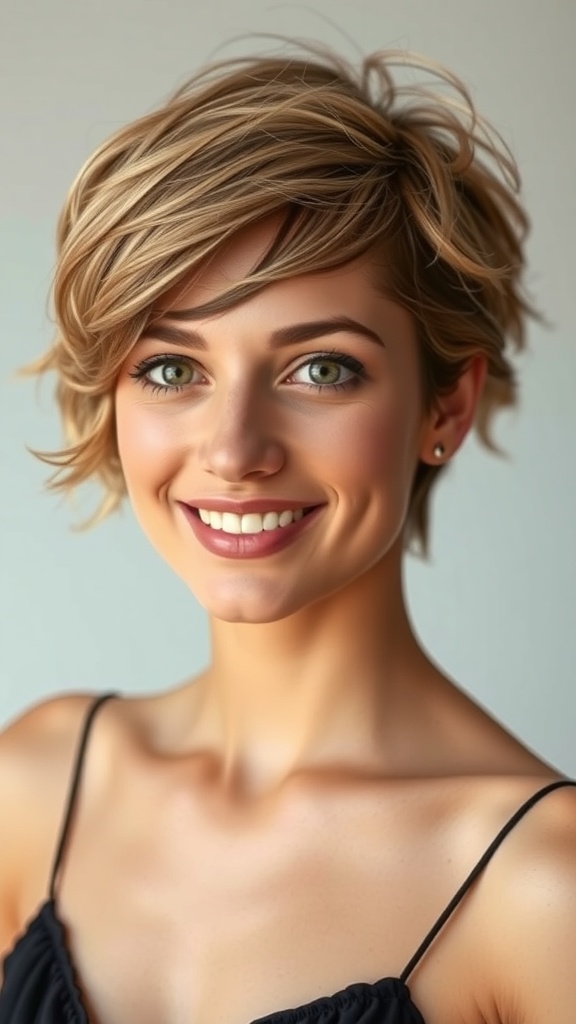 A woman with short, wavy hair styled with soft volume, smiling at the camera.