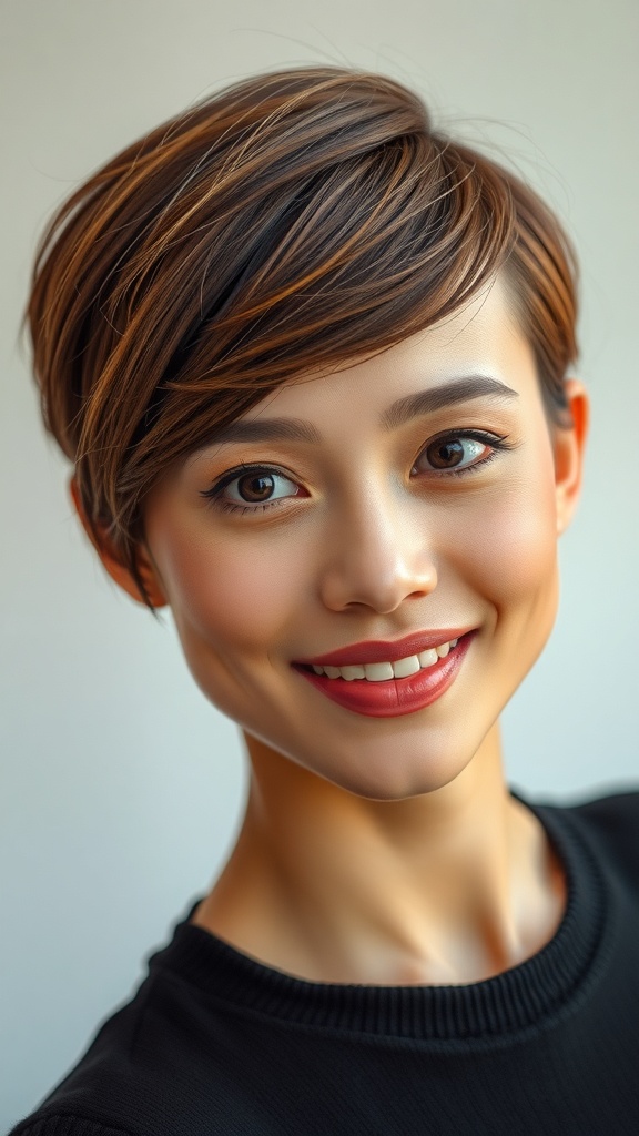 A woman with short brown hair styled in a shaggy bob with wispy bangs, smiling at the camera.