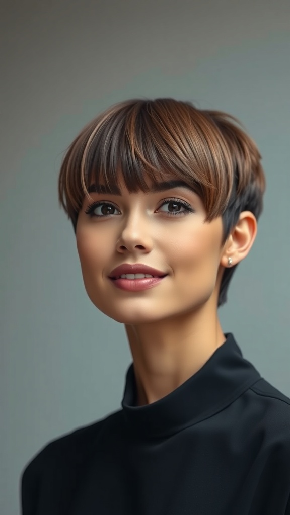 A woman with a shaggy bob and chunky bangs, showcasing a stylish short haircut in brown color.