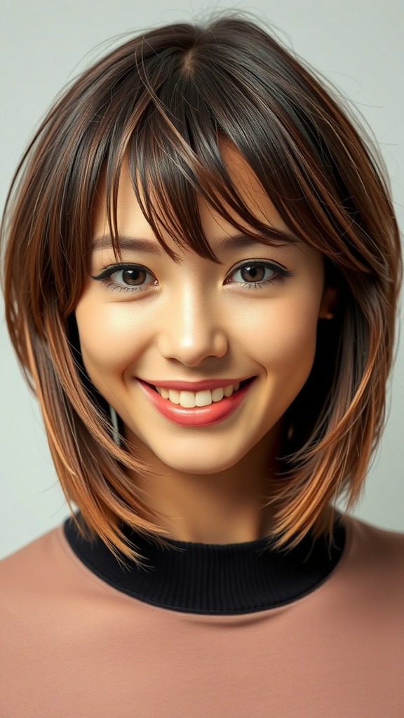 A woman with short hair and curtain bangs, showcasing a shaggy bob with brown highlights.
