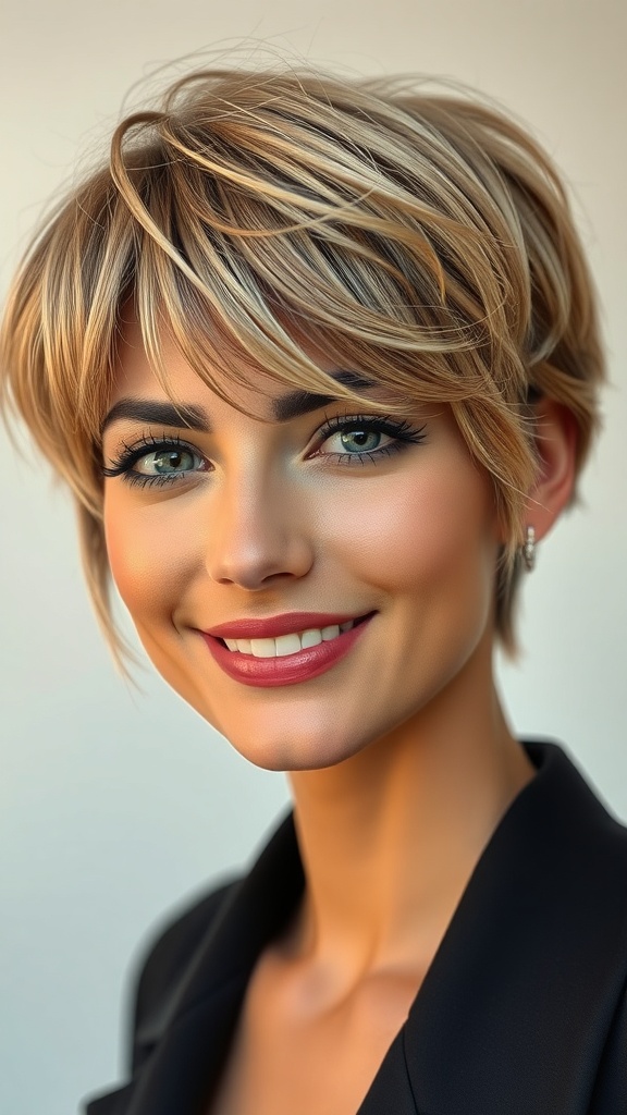 A woman with short hair featuring feathered bangs, smiling confidently.