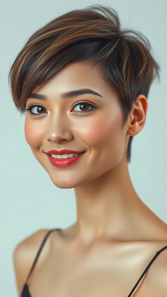 A woman with short, layered hair styled asymmetrically, smiling at the camera.