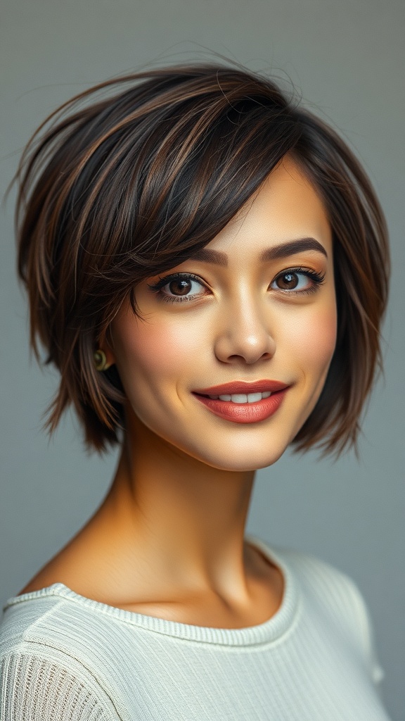 A woman with short layered hair and choppy side bangs, smiling at the camera.