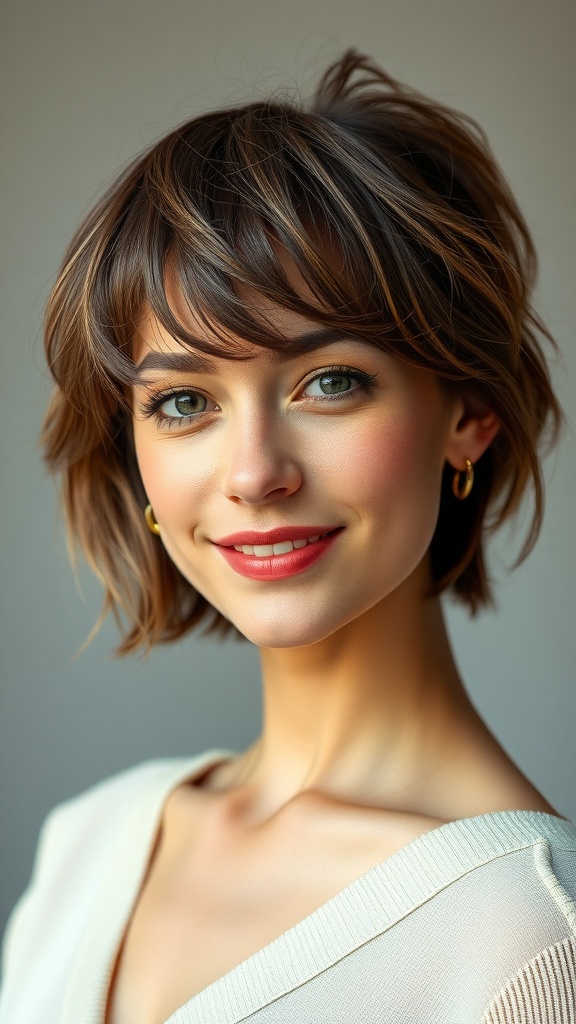 A woman with short layered hair and curtain fringe, smiling at the camera.