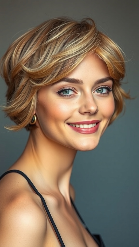A woman with short layered hair styled with flipped-out ends, smiling at the camera.