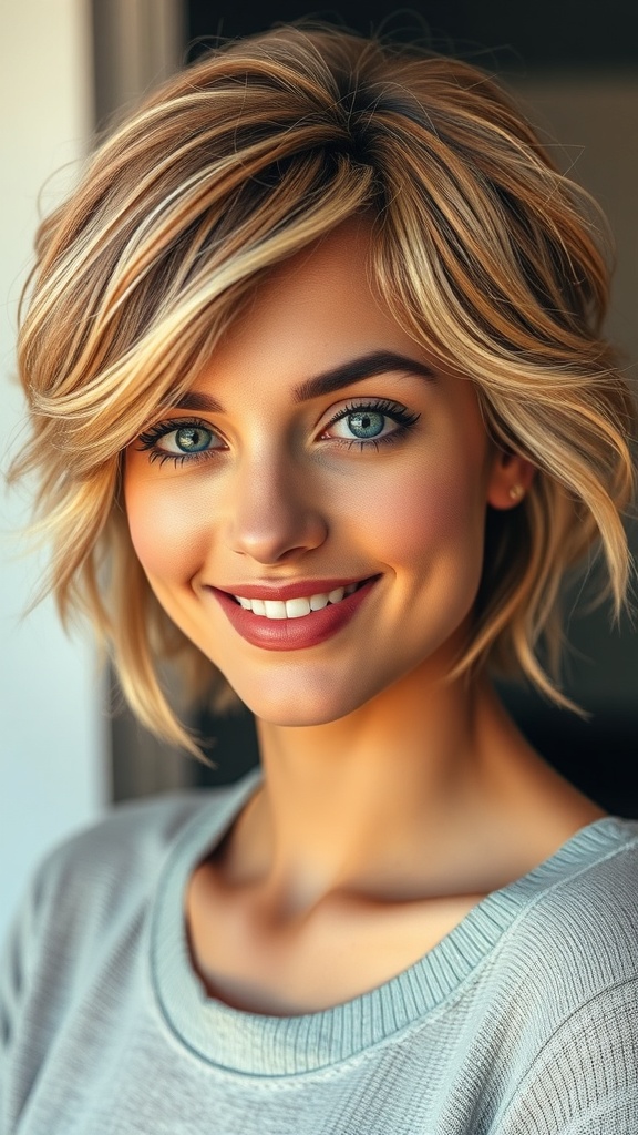 A woman with short layered hair and natural waves, smiling confidently.
