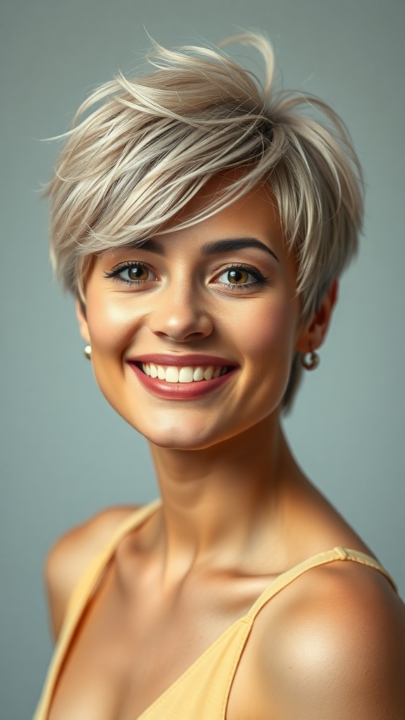 A smiling woman with a stylish short layered pixie haircut.