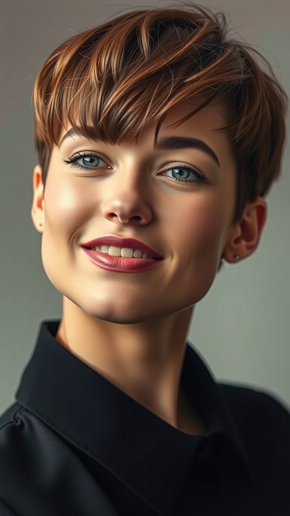 A woman with short layered hair and a shaved undercut, smiling confidently.