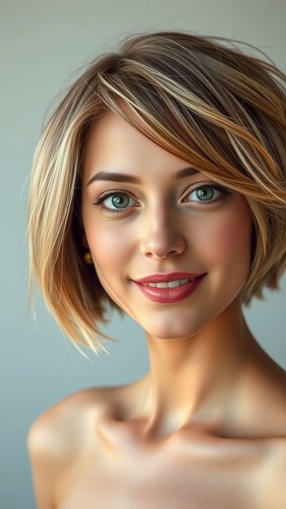 A woman with short layered hair and side-swept bangs, smiling.
