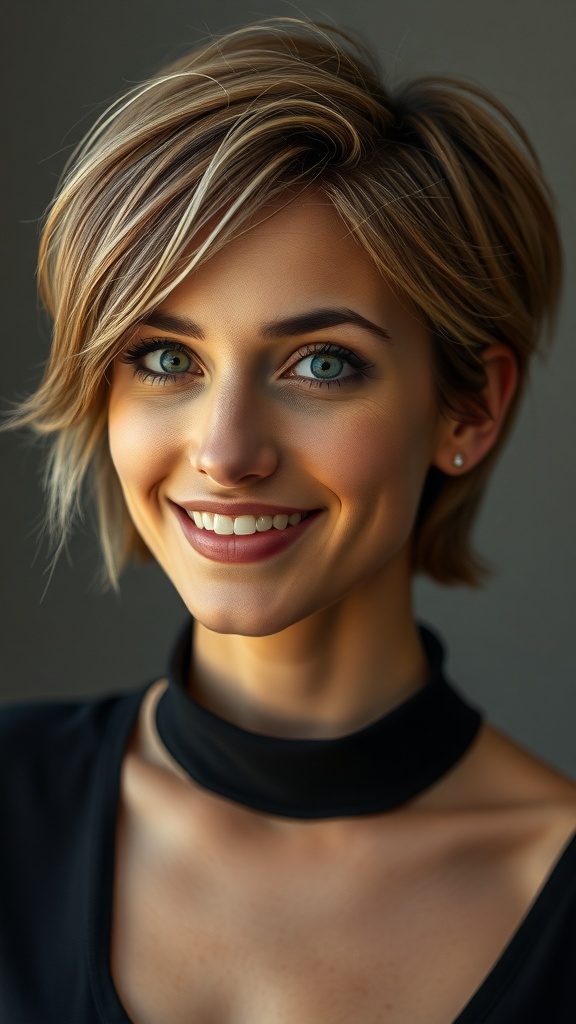 A woman with short layered hair and subtle balayage, smiling at the camera.