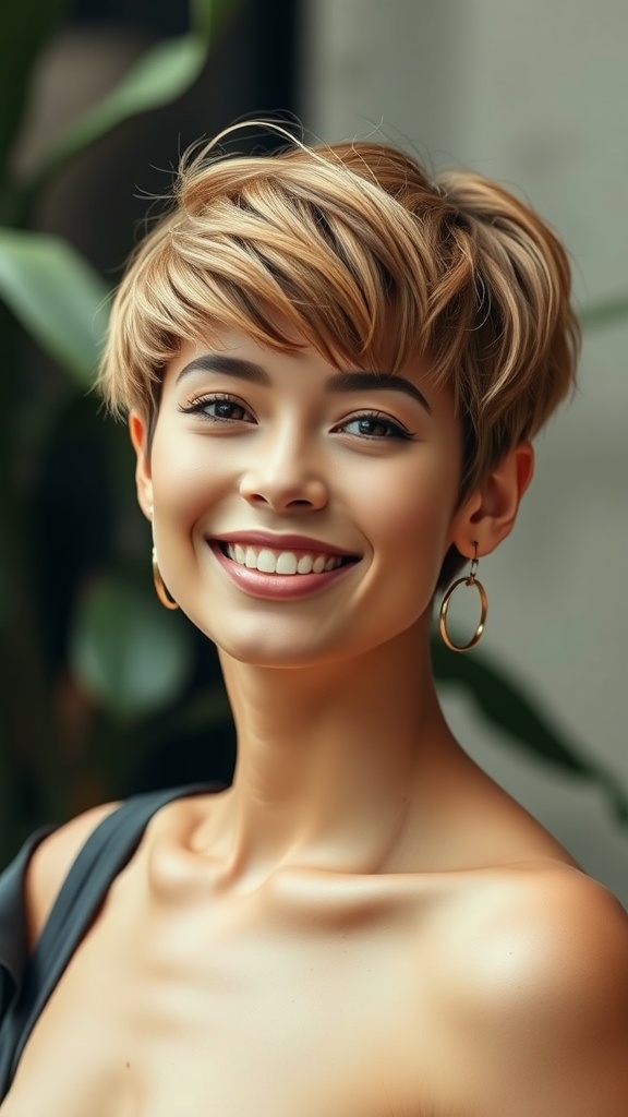 A smiling person with short layered hair, showcasing a stylish and modern haircut.