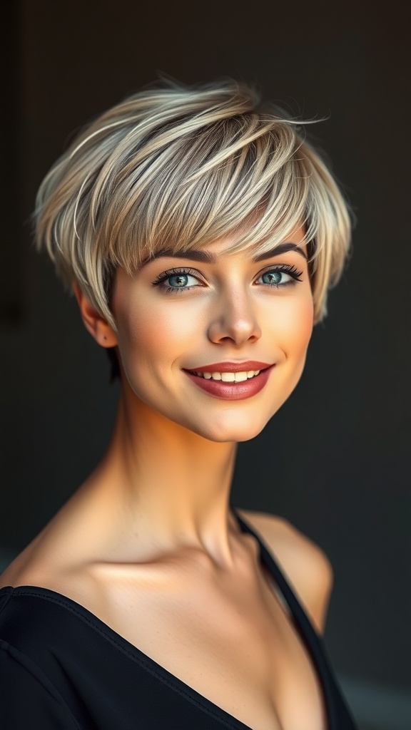A woman with a stylish short layered haircut, smiling at the camera.