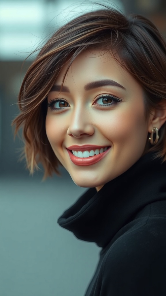 A smiling woman with short layered hair and a wispy texture, wearing a black turtleneck.