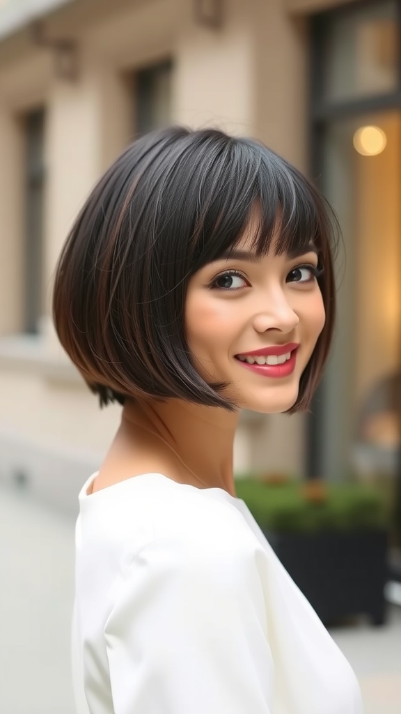 A woman with a stylish bob cut featuring short front layers, smiling outdoors.