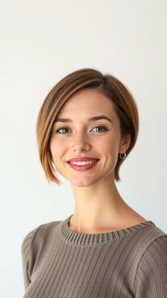 A woman with short layered hair smiling at the camera.
