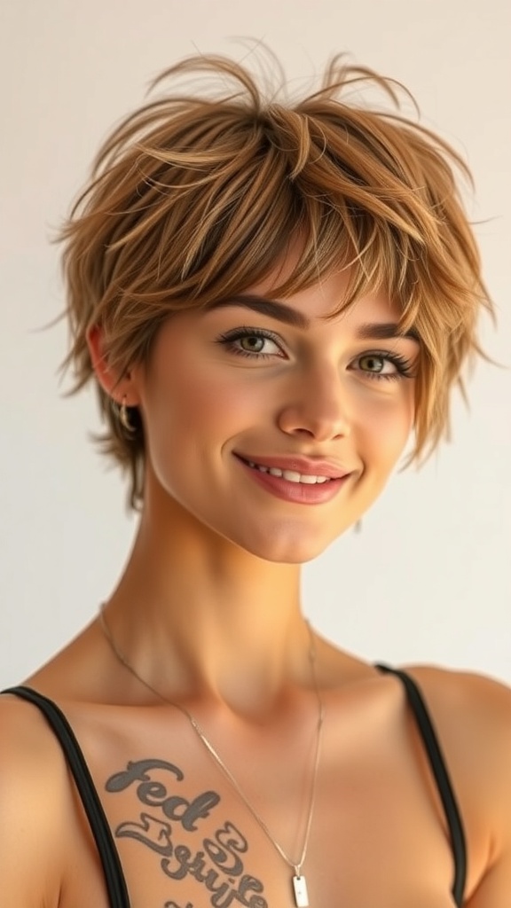 A person with short shag hairstyle, featuring layers and a playful look.