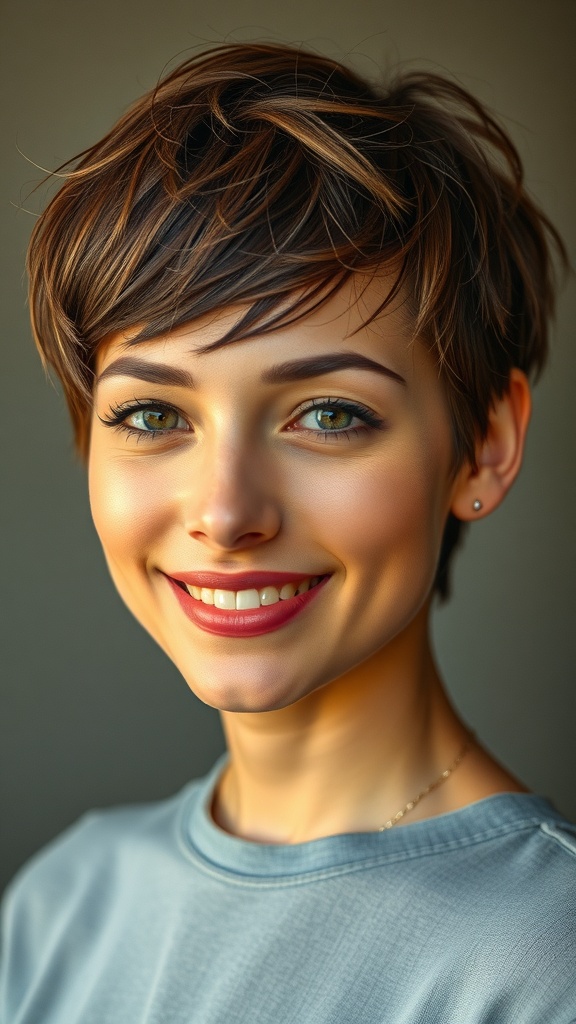 A woman with short, messy layered hair and wispy bangs, smiling at the camera.