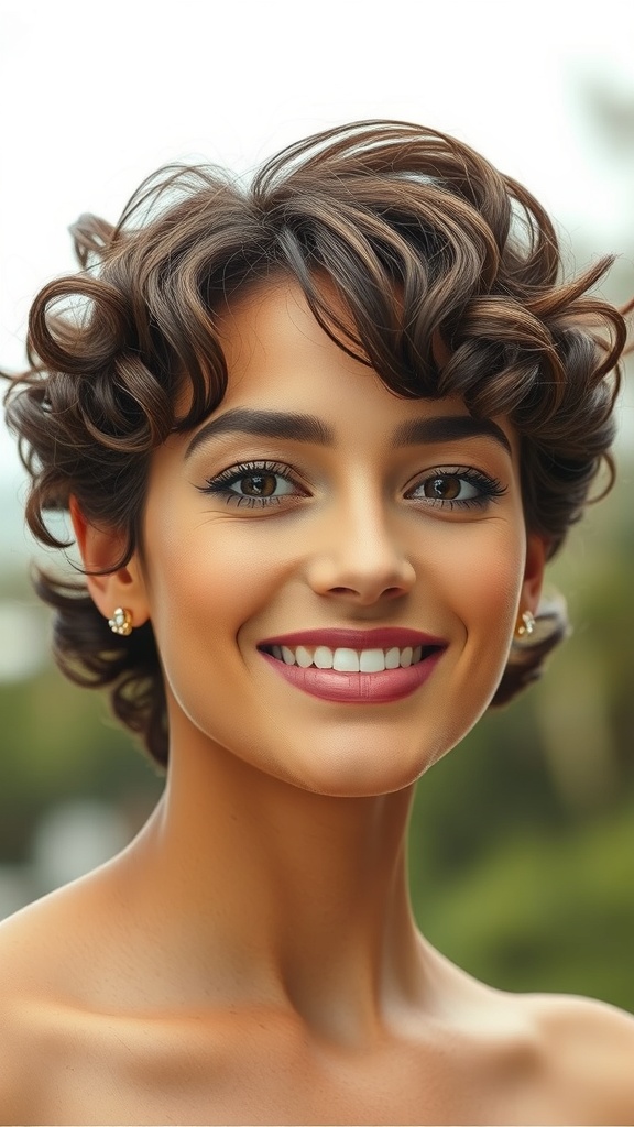 A woman with short, curly hair and warm brown color, smiling brightly.