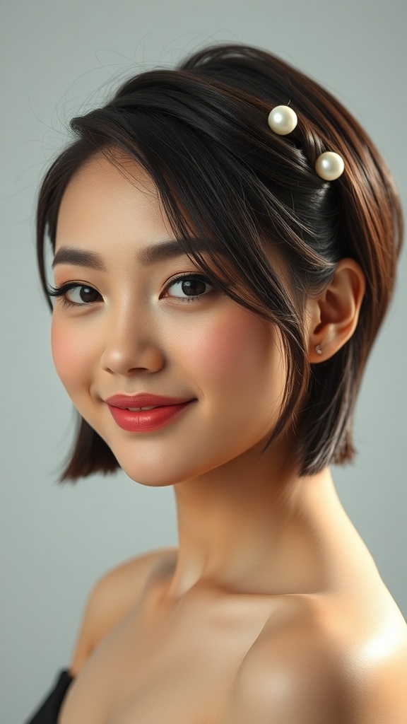 A person with short hair styled with pearl hair clips, showcasing a cute and trendy hairstyle.